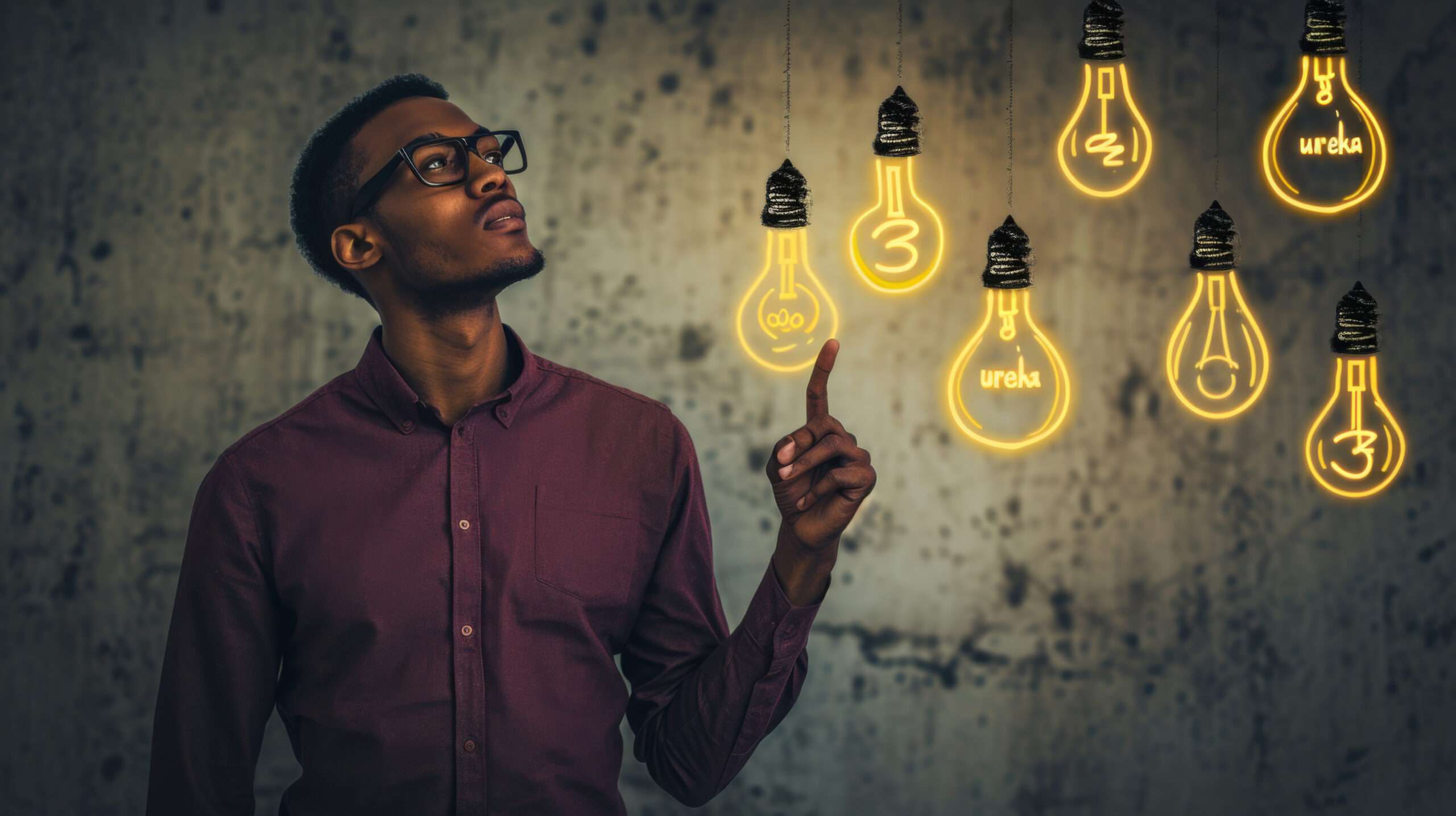 Young Man Glasses Looking Upwards Pointing Series Illustrated Light Bulbs Him With One Particularly Bright Illuminated Symbolizing Bright Idea Inspiration Scaled