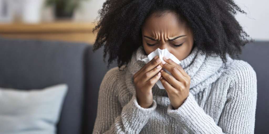 young africanamerican woman sweater holding tissue sneezing blowing her nose appearing sick unwell (1)