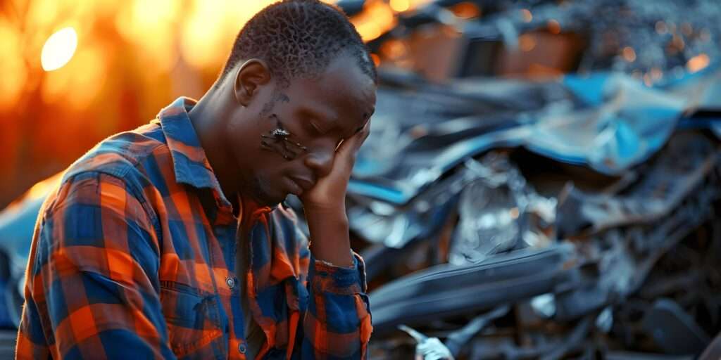 distressed young black man damaged car following traffic accident concept car accident damaged vehicle distressed man traffic incident young driver (1) (1)