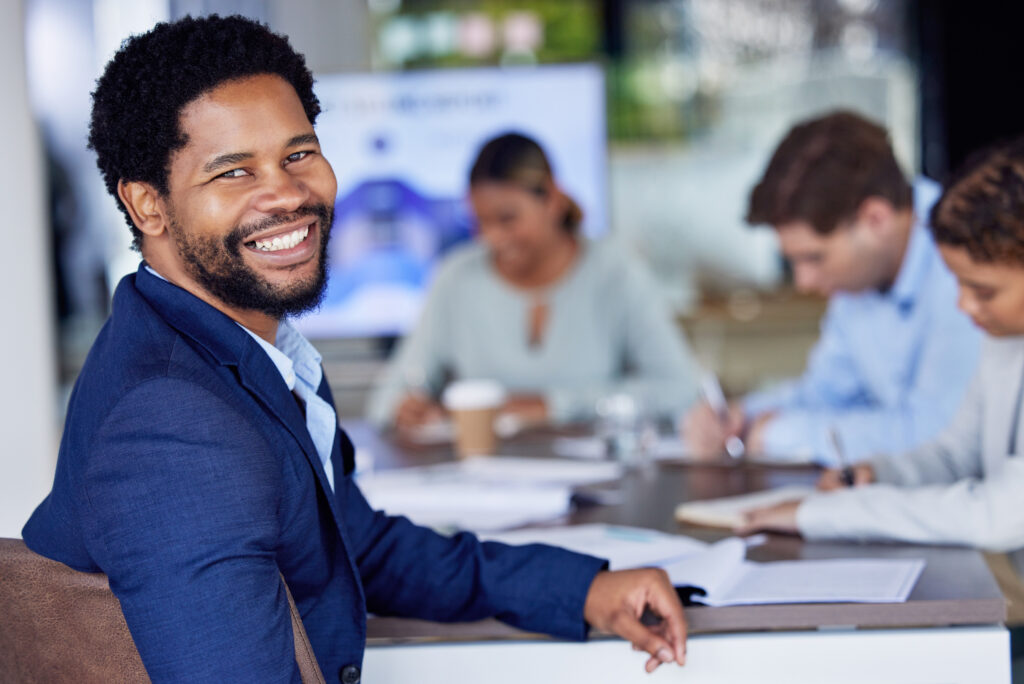 black man business smile portrait with leadership meeting with teamwork collaboration conference room happy corporate male team leader professional with businessman success